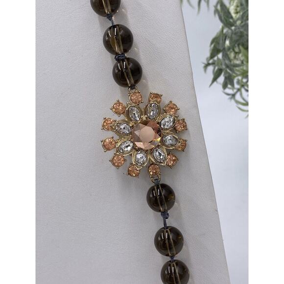 Hand Knotted Long Smoky Quartz Glass Beaded Rhinestone Flower Accent Necklace - Picture 11 of 11